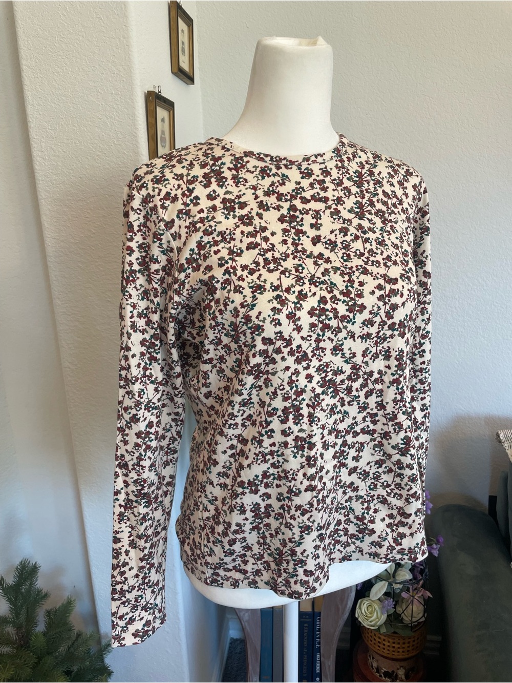 L.L.Bean Floral Long-Sleeve Crewneck Top - Cream with Burgundy Print